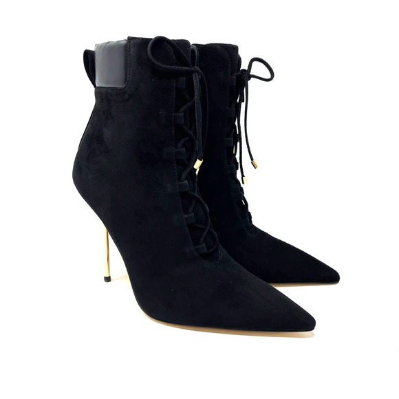 Good American Scandal Lace Up Stilleto Booties Suede Black Size 9.5 GA012K-X - Picture 2 of 9